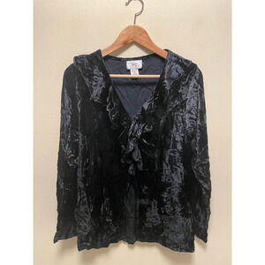 Vintage Womens Top Medium Black Crushed Velvet Ruffle Whimsigoth Fairy 90s Y2K